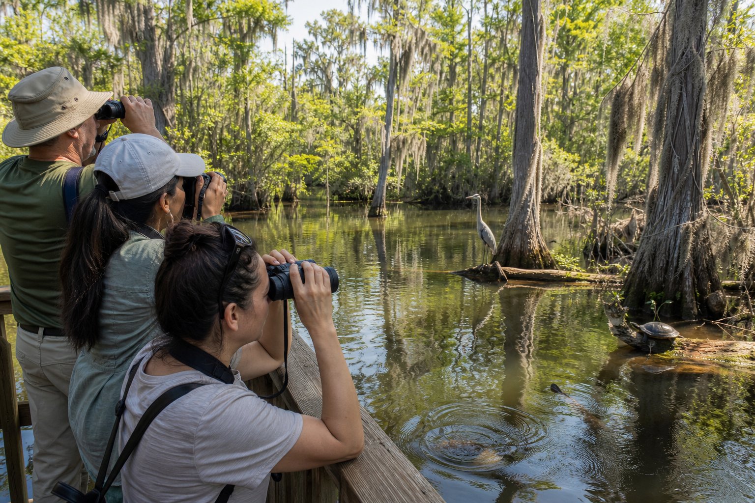 People observing wildlife in a green bayou with cypress trees and a heron near the water.