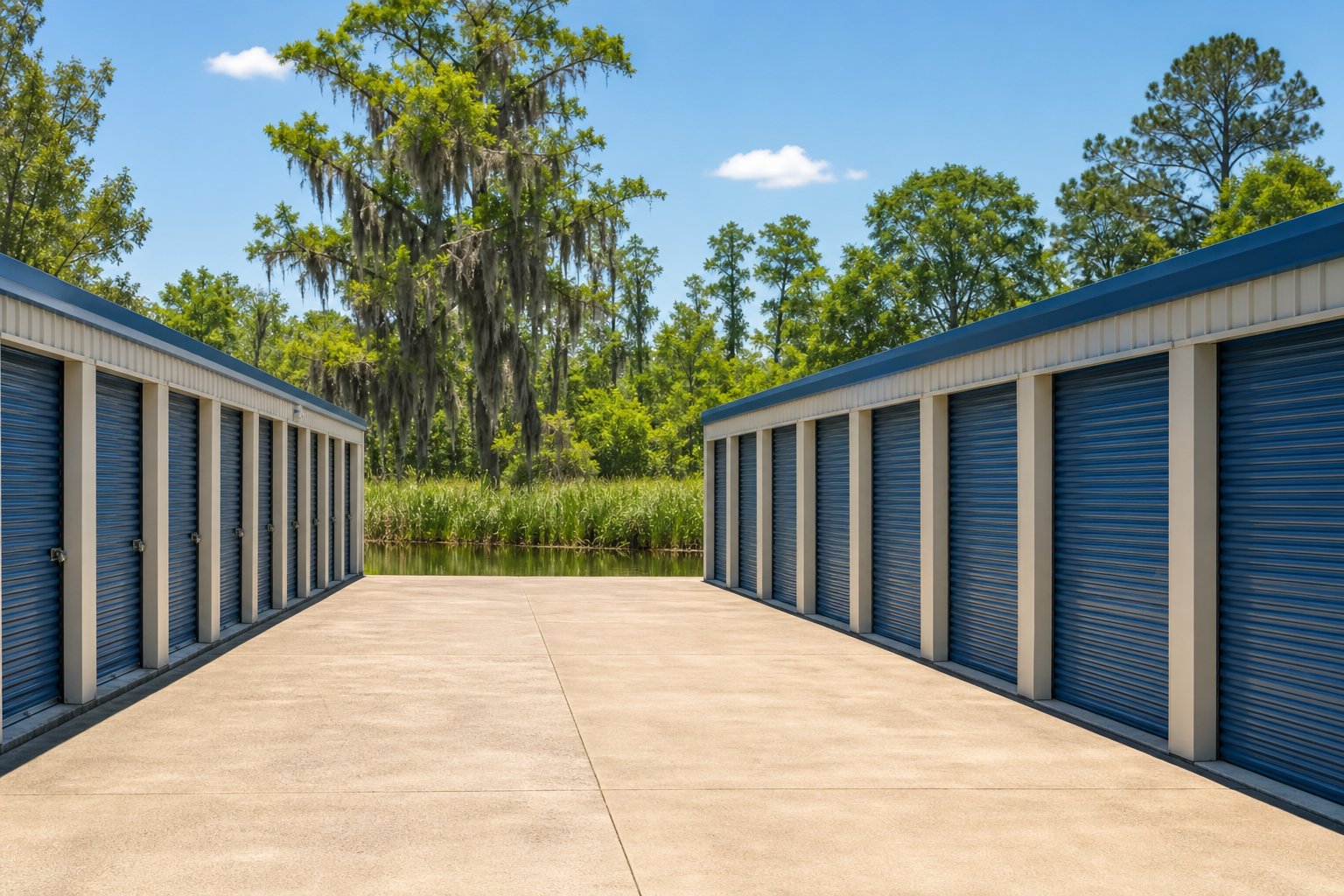 Outdoor storage units with greenery and bayou trees in the background under a clear sky.