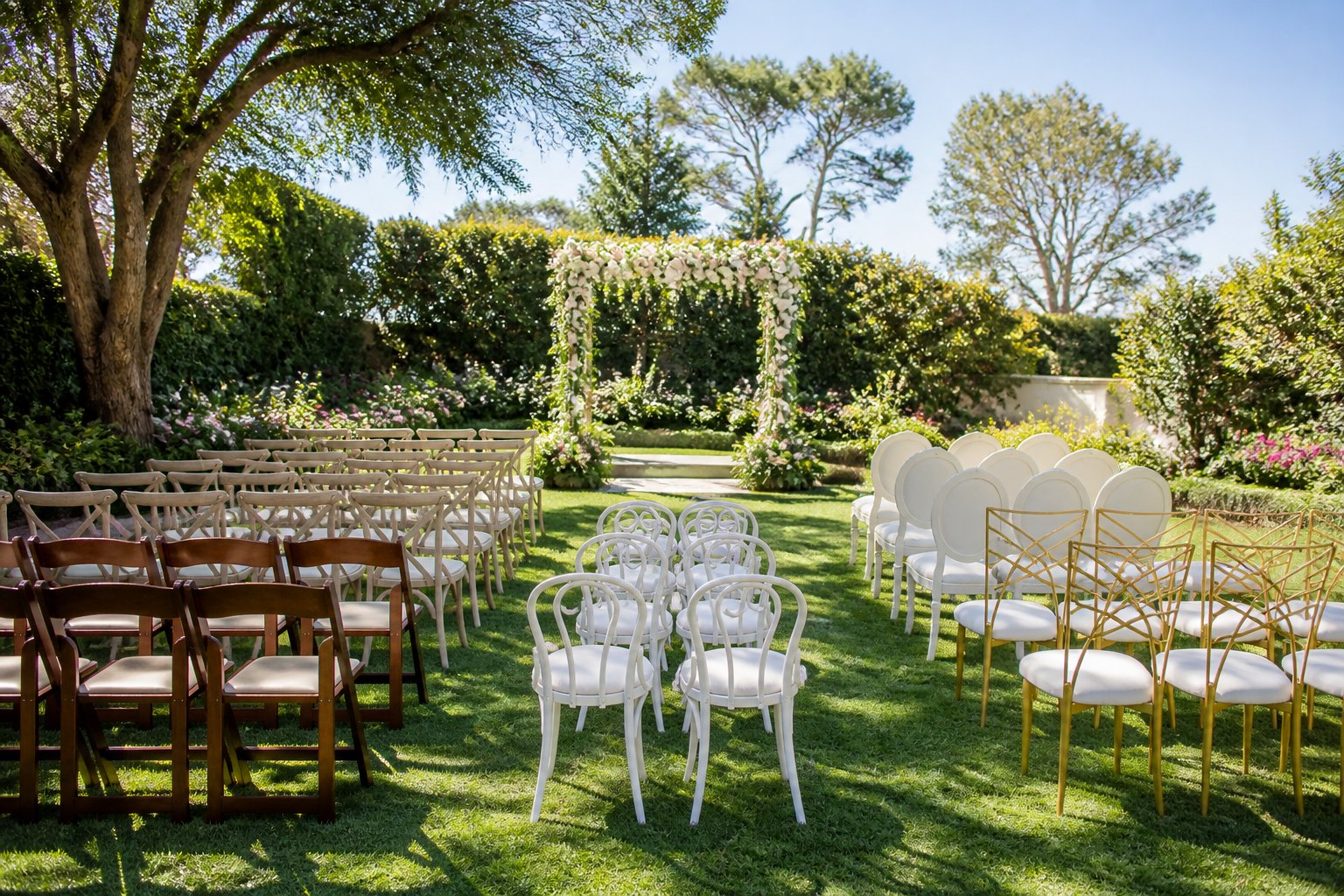 Rows of different types of chairs arranged outdoors in a garden setting for a ceremony.