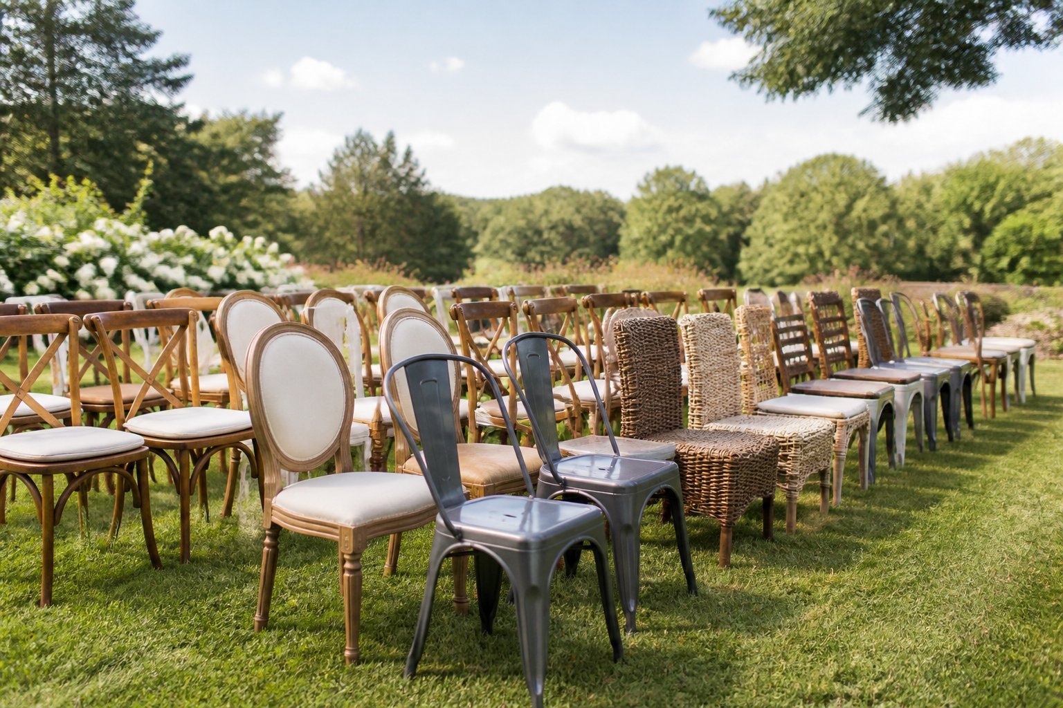 A variety of outdoor chairs made from wood, metal, and woven materials arranged neatly on a green lawn with trees in the background.