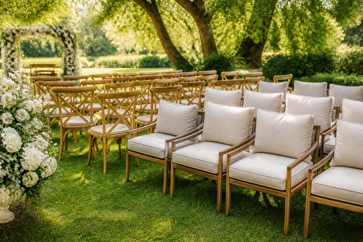 Rows of comfortable chairs arranged outdoors on green grass with trees and floral decorations in the background.