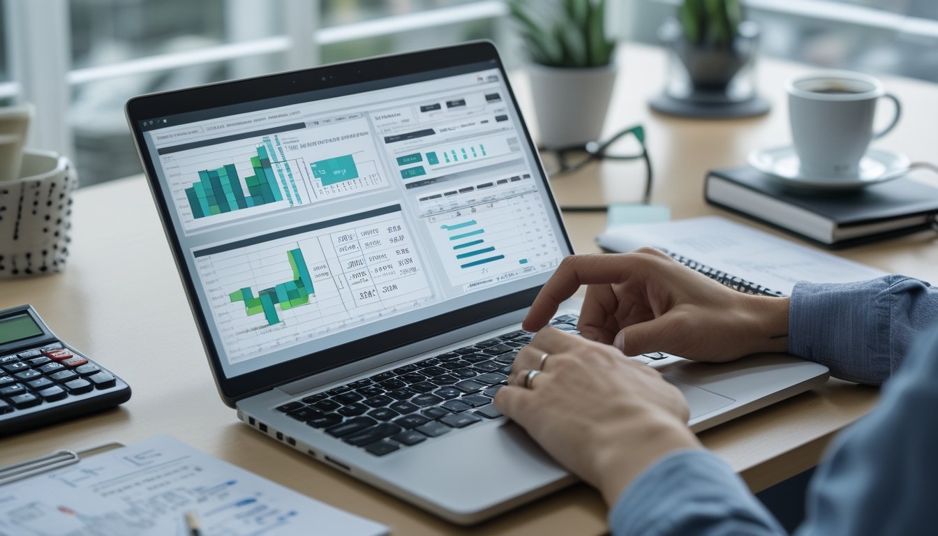 Sebuah meja kerja dengan laptop yang menampilkan grafik dan data angka, tangan orang sedang menulis catatan, suasana fokus mempelajari hasil keluaran togel sebelumnya.