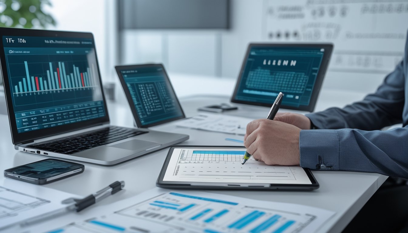 Seorang profesional sedang menganalisis data angka statistik di meja kerja dengan laptop dan tablet di kantor yang terang dan rapi.