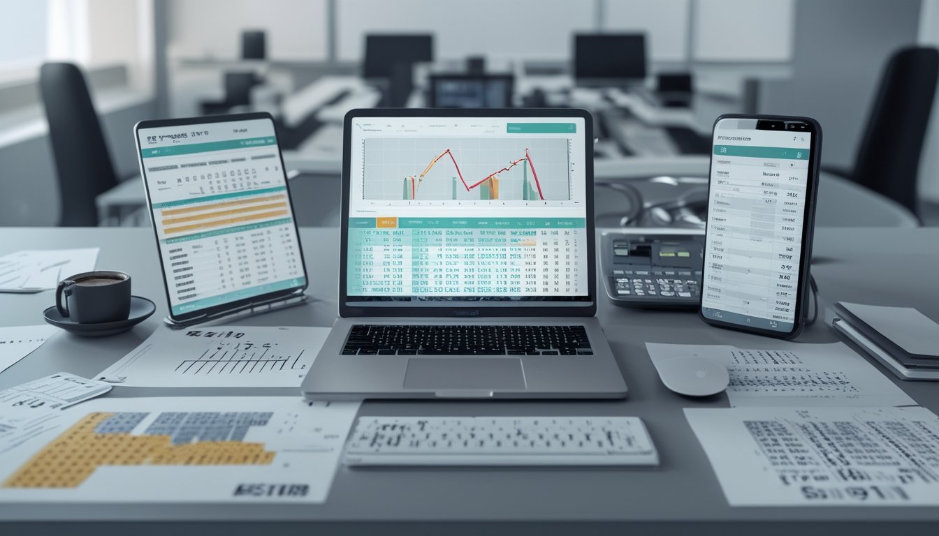 Meja kerja dengan laptop, tablet, dan kertas berisi data statistik untuk analisis prediksi angka togel harian.