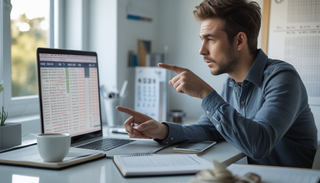 Seorang pria muda duduk di meja kerja dengan laptop dan alat tulis, fokus menganalisis data dan grafik prediksi togel.