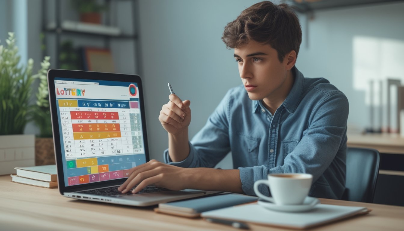 Seorang dewasa muda duduk di meja dengan laptop, menganalisis data prediksi togel di ruang kerja yang rapi.