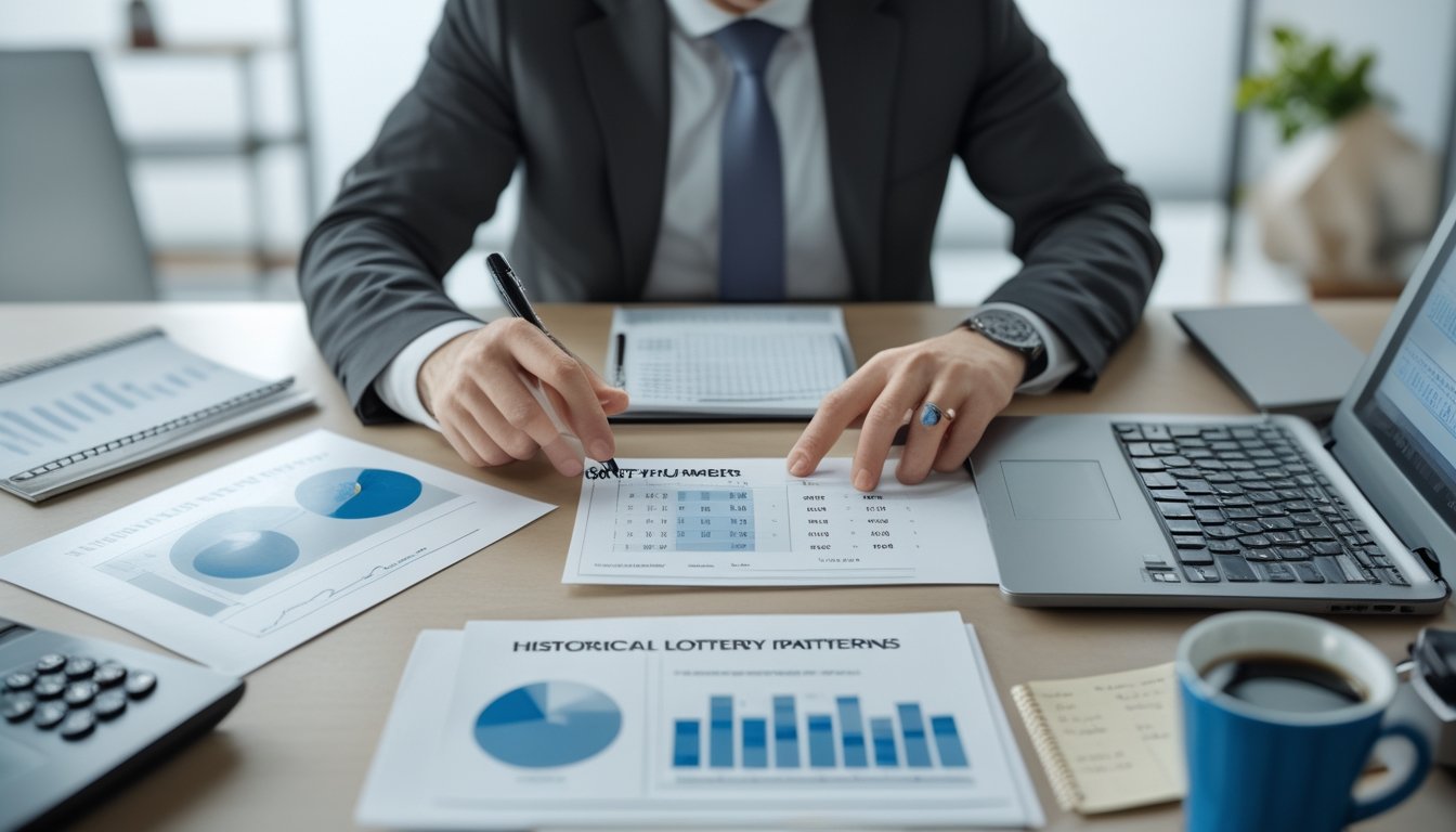 Seorang individu sedang menganalisis grafik dan data angka togel di meja kerja dengan laptop dan alat tulis.