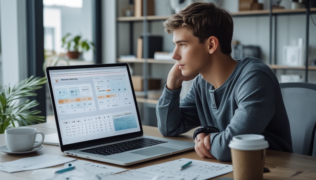 Seseorang duduk di meja dengan laptop dan catatan, sedang menganalisis data untuk prediksi togel online.