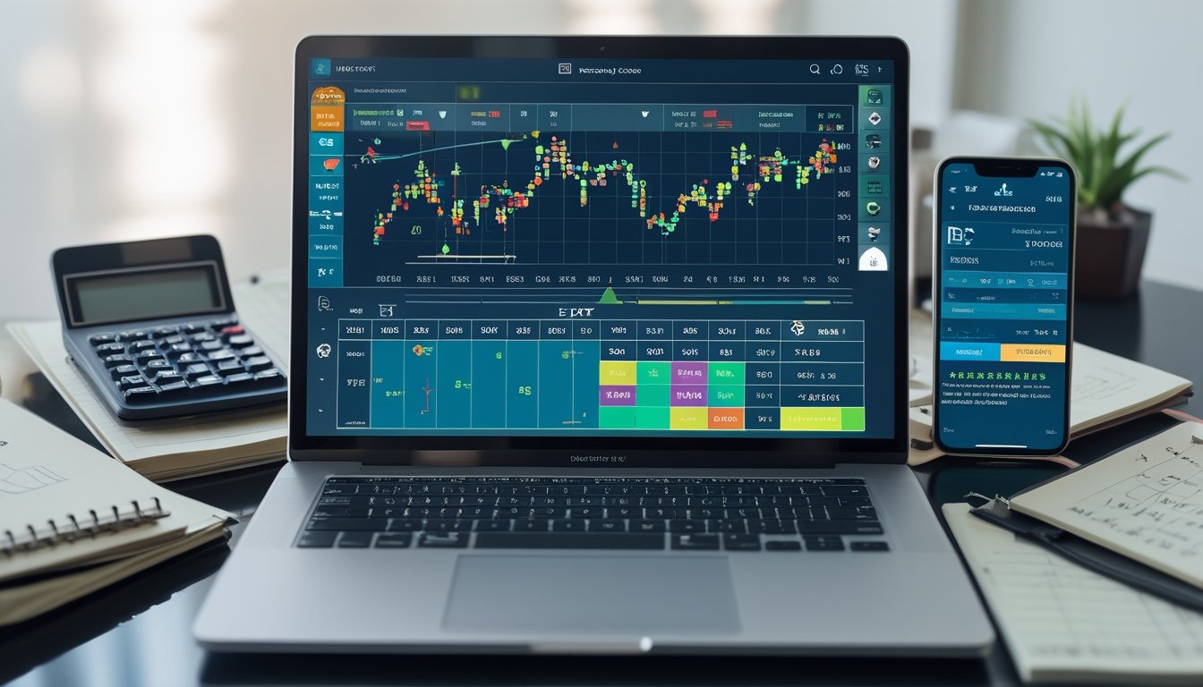 Meja kerja modern dengan laptop yang menampilkan grafik analisis togel, kalkulator, buku catatan, dan ponsel dengan aplikasi togel.
