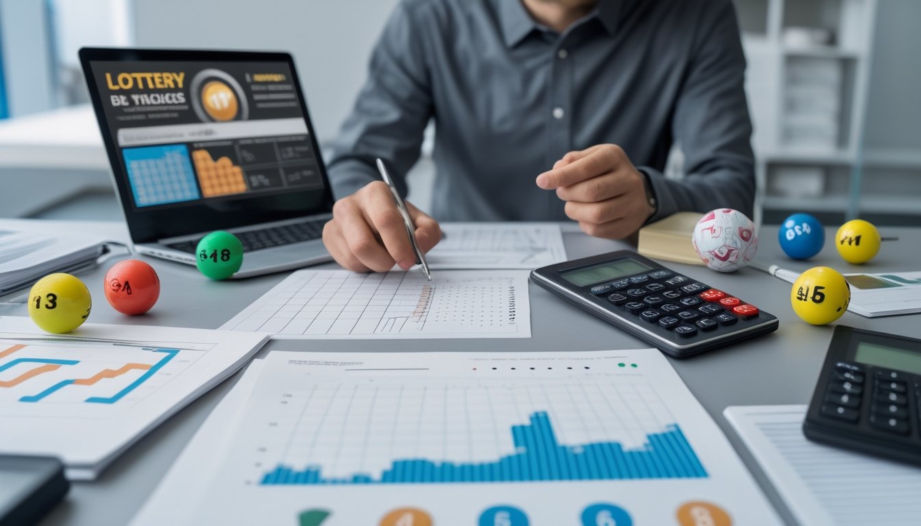 Seseorang sedang menganalisis strategi prediksi togel dengan grafik dan bola togel di atas meja.