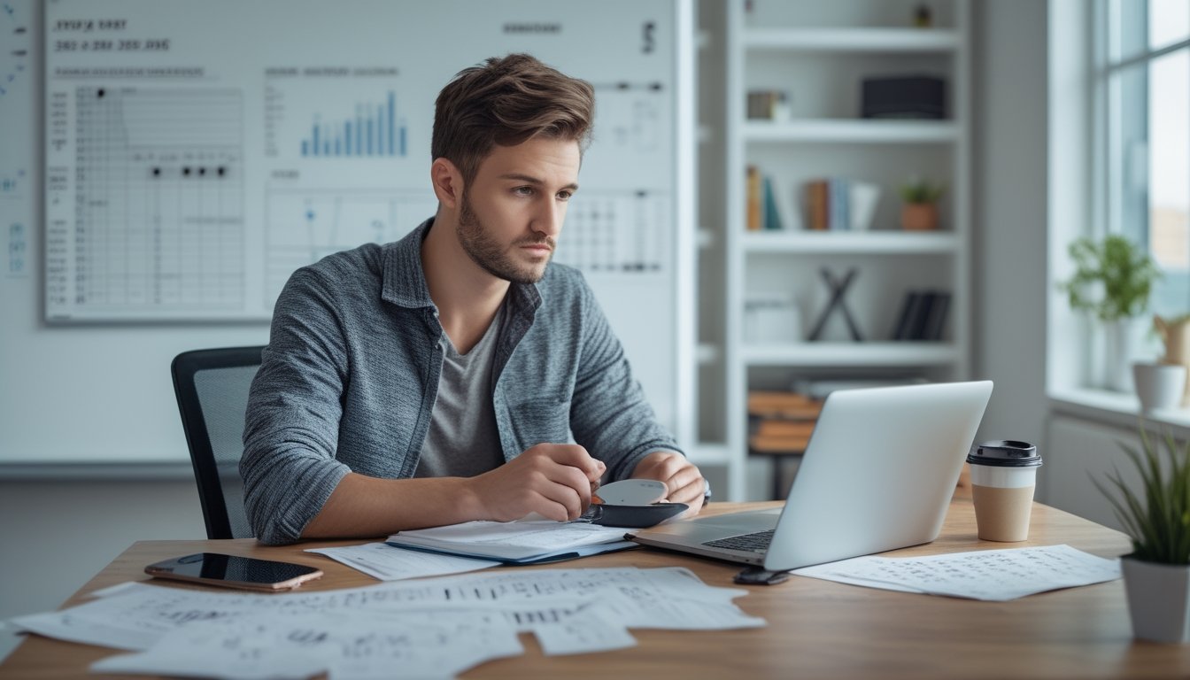 Seorang pria muda sedang duduk di meja kerja dengan laptop dan catatan, fokus menganalisis data dan grafik terkait prediksi togel.