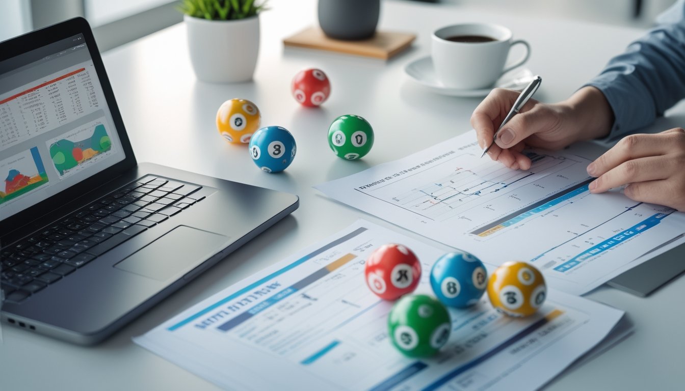 Seorang profesional sedang menganalisis data dan catatan terkait strategi prediksi angka togel di meja kerja yang rapi dengan bola togel dan laptop.