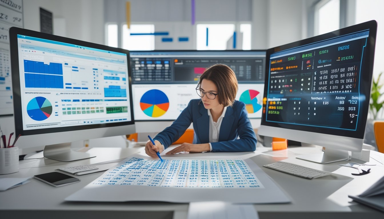 Seorang profesional sedang menganalisis data angka togel di depan beberapa layar komputer dengan grafik dan pola angka di sebuah kantor modern.