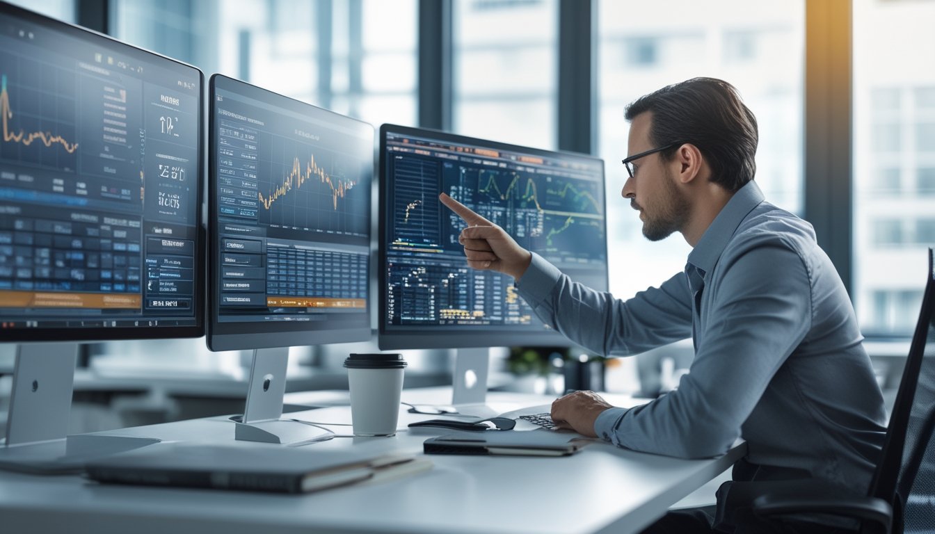 Seorang profesional sedang menganalisis data angka di depan beberapa layar komputer di ruang kantor yang terang dan terorganisir.