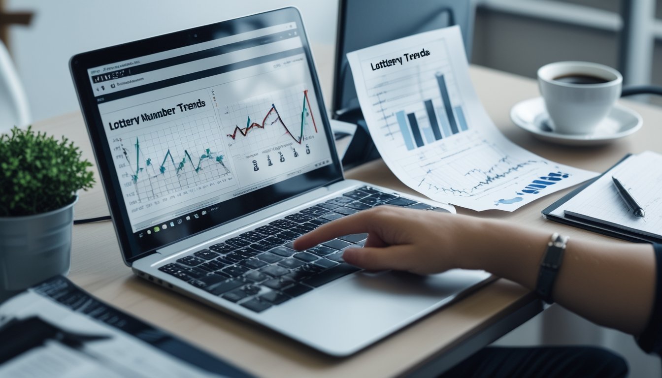 Sebuah meja kerja modern dengan laptop yang menampilkan grafik dan data angka togel, tangan seseorang menunjuk layar, di sekitar meja terdapat kertas data, kopi, dan alat tulis.