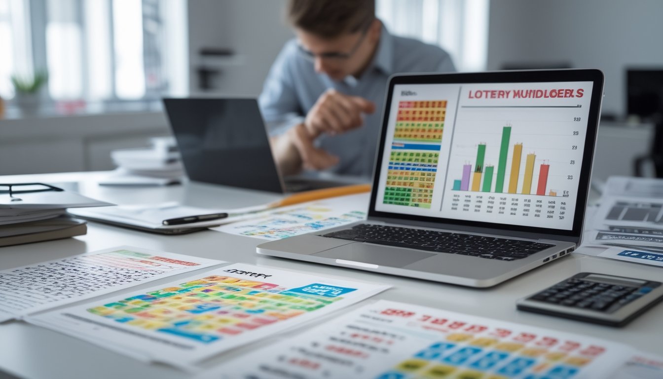 Seorang individu sedang menganalisis data statistik togel di meja kerja dengan laptop, grafik, dan alat tulis.