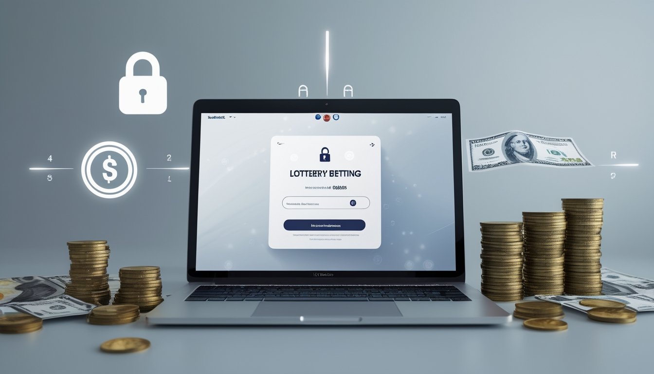 Seorang pria menggunakan laptop di meja kerja dengan simbol keamanan dan uang di sekitar, menggambarkan taruhan togel online yang terpercaya dan pembayaran cepat.
