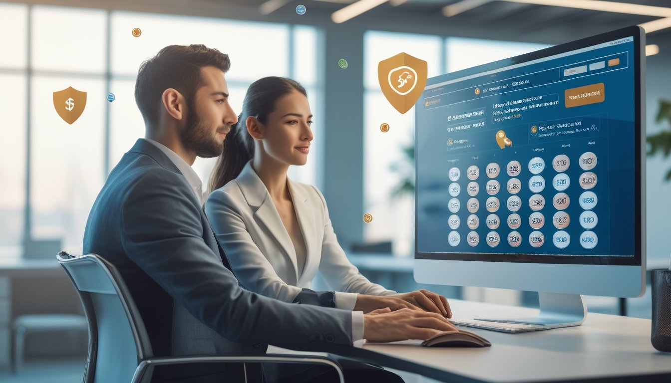 Dua orang profesional sedang menggunakan komputer untuk taruhan togel online dengan suasana kantor yang terang dan modern.