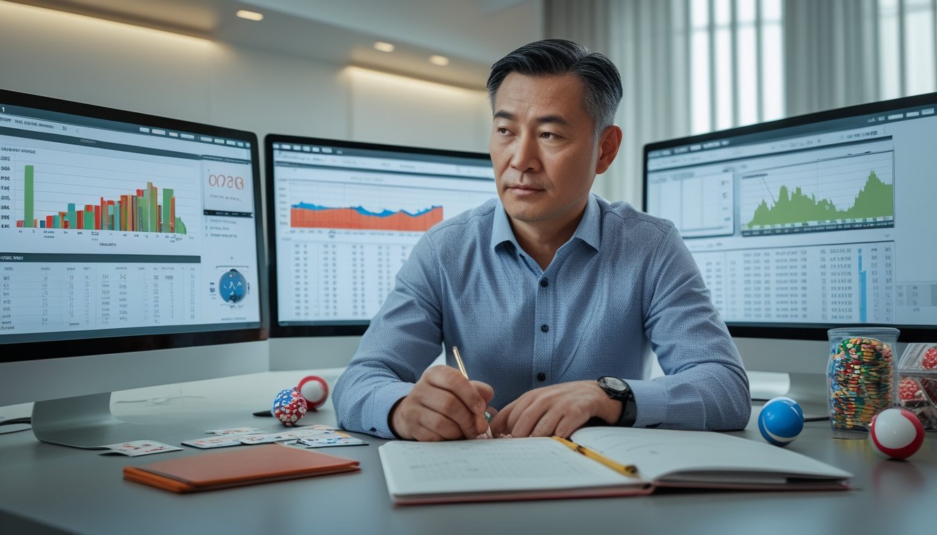 Seorang pria Asia duduk di meja dengan beberapa layar komputer yang menampilkan data dan grafik, sedang menganalisis strategi taruhan Bandar Togel.