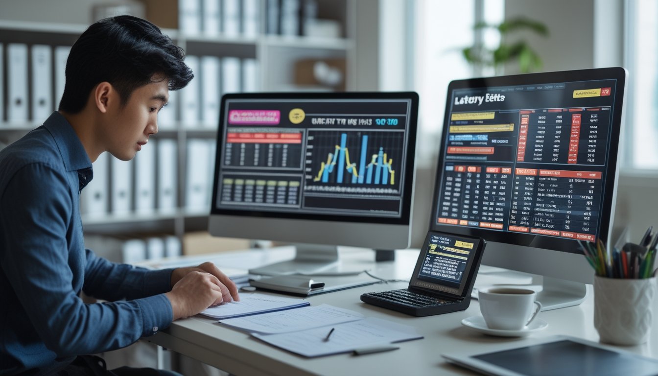 Seorang pria muda sedang menganalisis data angka taruhan togel di depan beberapa layar komputer di kantor modern.