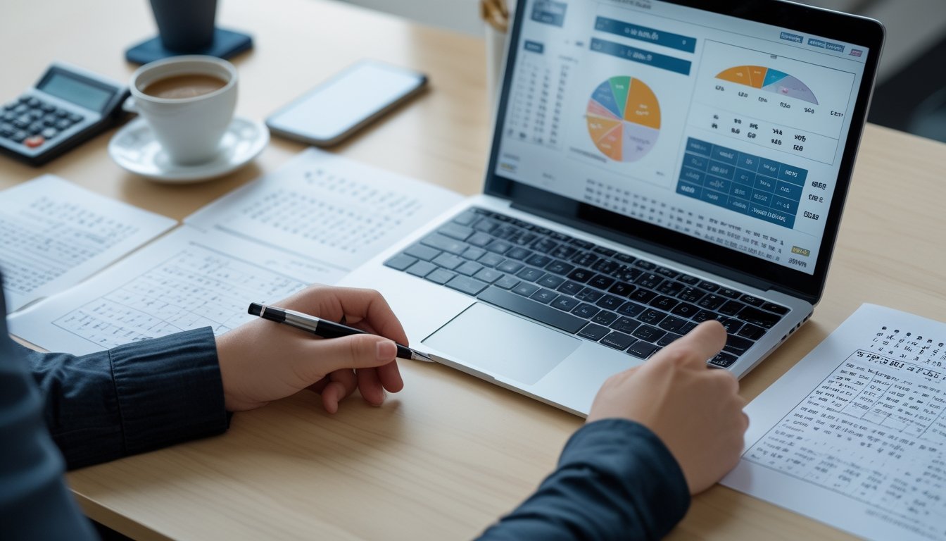 Meja kerja dengan laptop yang menampilkan grafik dan tabel angka, tangan seseorang menunjuk layar, suasana fokus untuk analisis data taruhan togel.