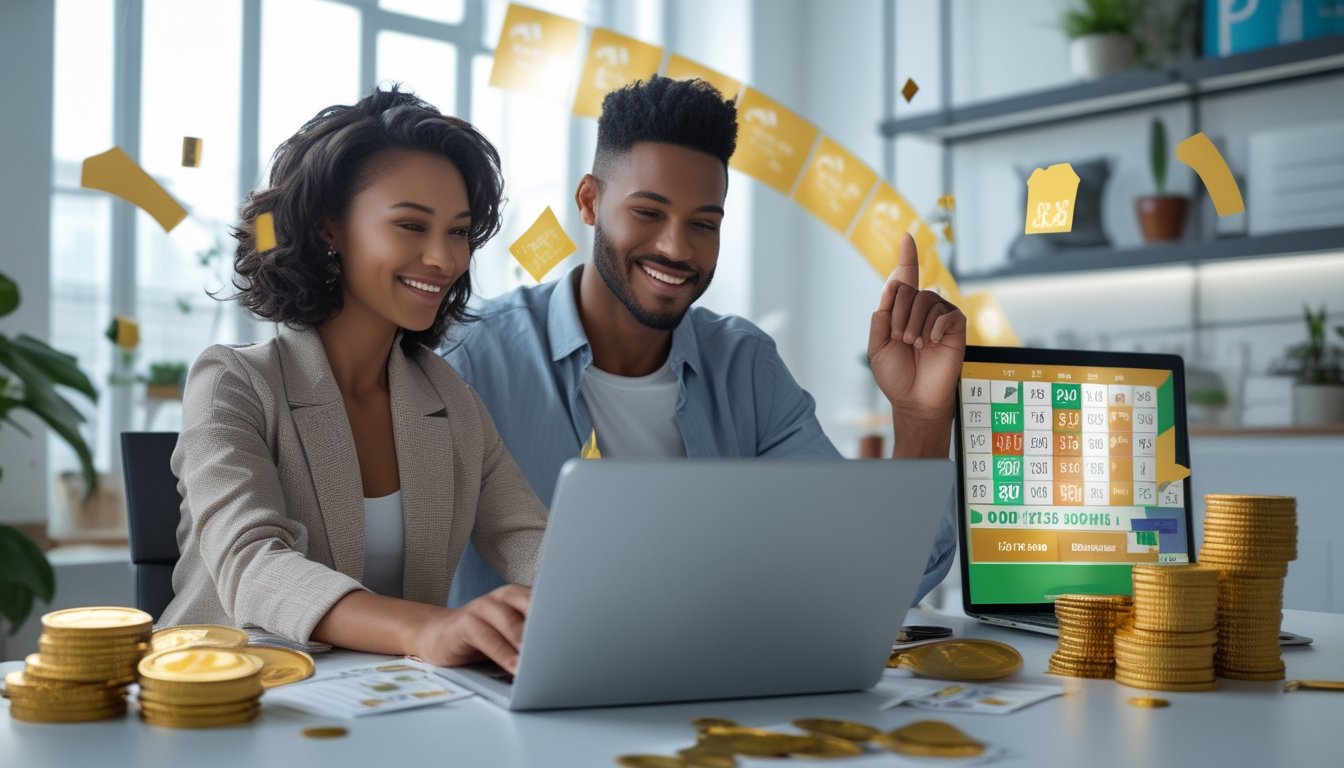 Seorang pria dan wanita muda duduk di meja dengan laptop, tersenyum dan berdiskusi dengan latar belakang koin emas dan tiket lotre.