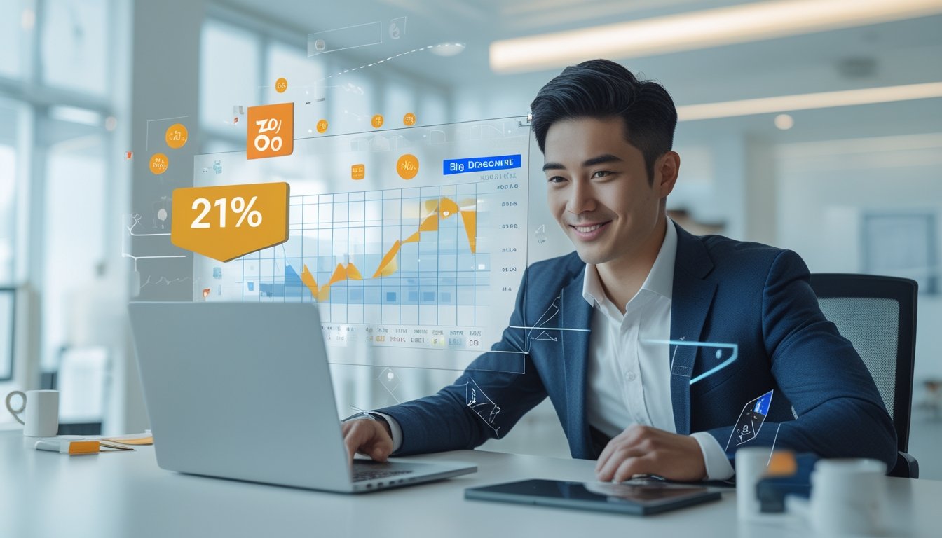 Seorang pria Asia Tenggara duduk di meja kantor dengan laptop, melihat grafik dan simbol diskon yang melayang di sekitarnya.