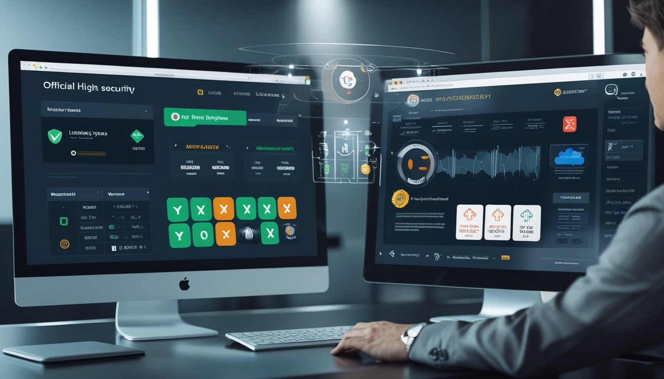 Seorang profesional sedang membandingkan dua layar komputer yang menampilkan situs taruhan togel online resmi dan tidak resmi di sebuah kantor modern.