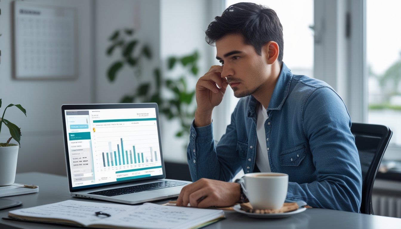 Seseorang duduk di meja kerja dengan laptop dan catatan, terlihat fokus memikirkan sebelum memasang taruhan togel.