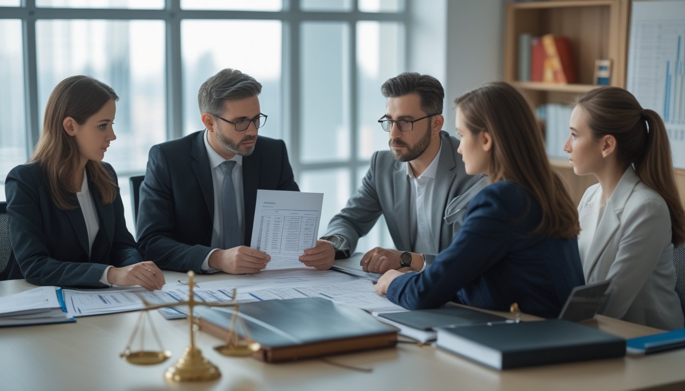 Sekelompok profesional sedang berdiskusi serius di ruang kantor modern sambil meninjau dokumen dan data terkait legalitas dan regulasi taruhan.