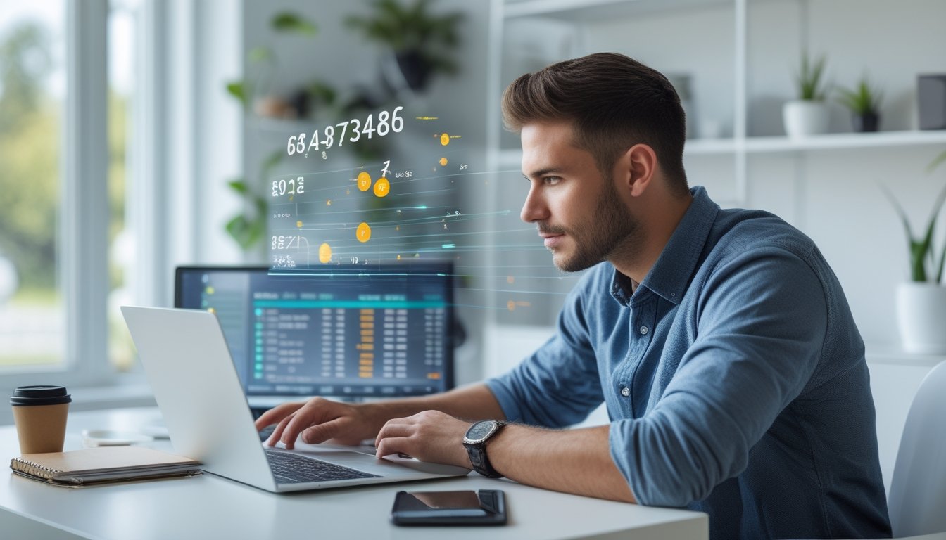 Seorang pria muda duduk di meja kerja dengan laptop, mempelajari data taruhan togel dalam suasana kantor rumah yang rapi dan terang.