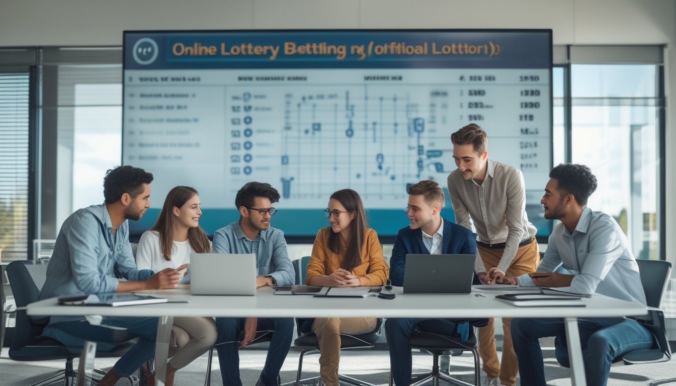 Sekelompok orang muda sedang berdiskusi dan belajar bersama di ruang kantor dengan laptop dan layar besar yang menampilkan angka lotere.