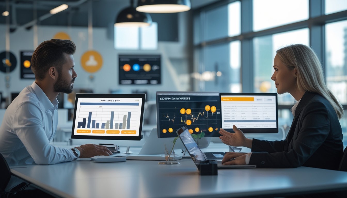Dua profesional bisnis sedang berdiskusi di kantor dengan perangkat digital yang menampilkan grafik dan tabel perbandingan pasar togel.