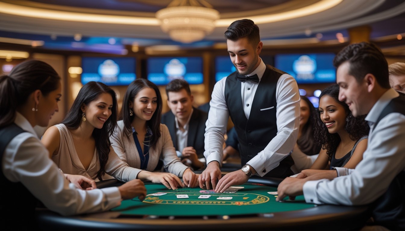 Seorang dealer membagikan kartu kepada beberapa pemain yang duduk di meja blackjack di dalam kasino Atlantic City yang modern dan elegan.
