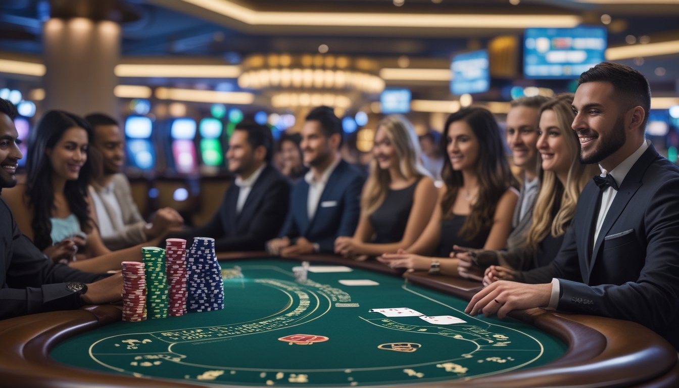 Meja blackjack di kasino Atlantic City dengan pemain dan dealer yang sedang bermain, suasana kasino yang terang dan modern.