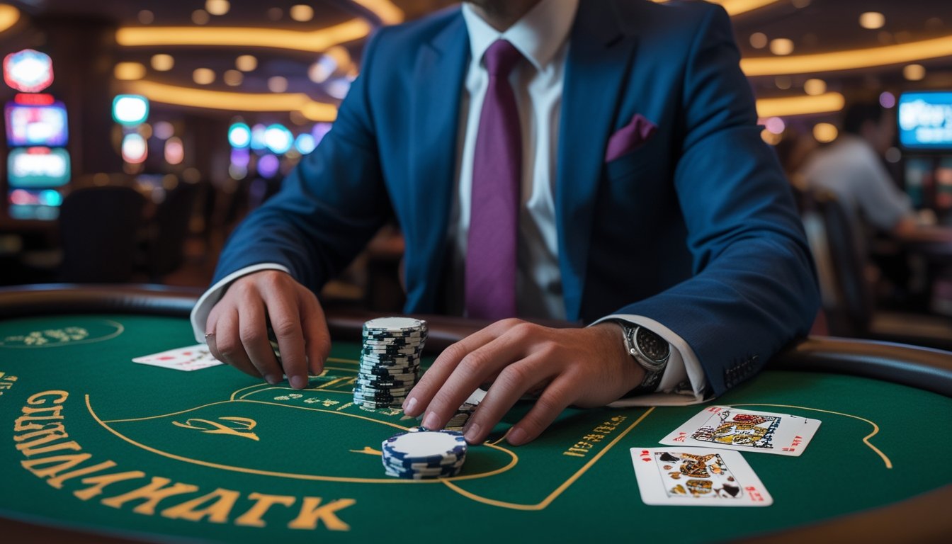 Seorang pemain berjudi di meja blackjack di kasino dengan kartu dan chip taruhan.