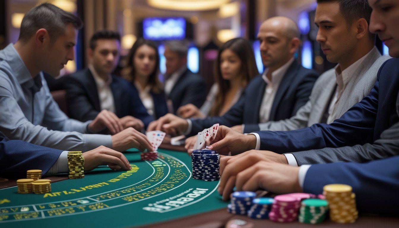Meja blackjack dengan dealer membagikan kartu kepada pemain yang fokus di sebuah kasino.