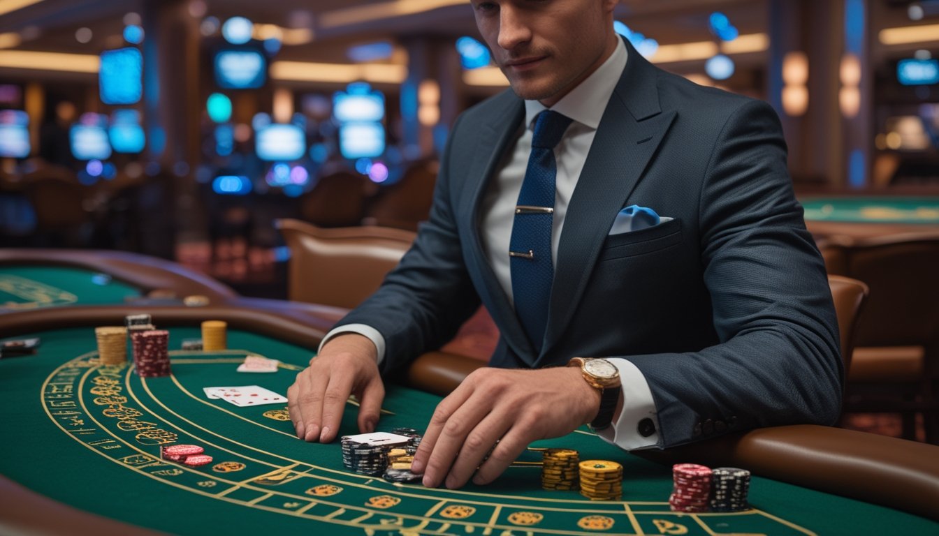 Seorang pemain berjubah rapi duduk di meja blackjack di kasino dengan chip dan kartu tertata rapi.