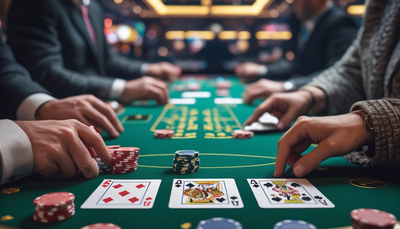 Meja blackjack Atlantic City dengan kartu dan chip taruhan, pemain sedang fokus bermain di kasino.
