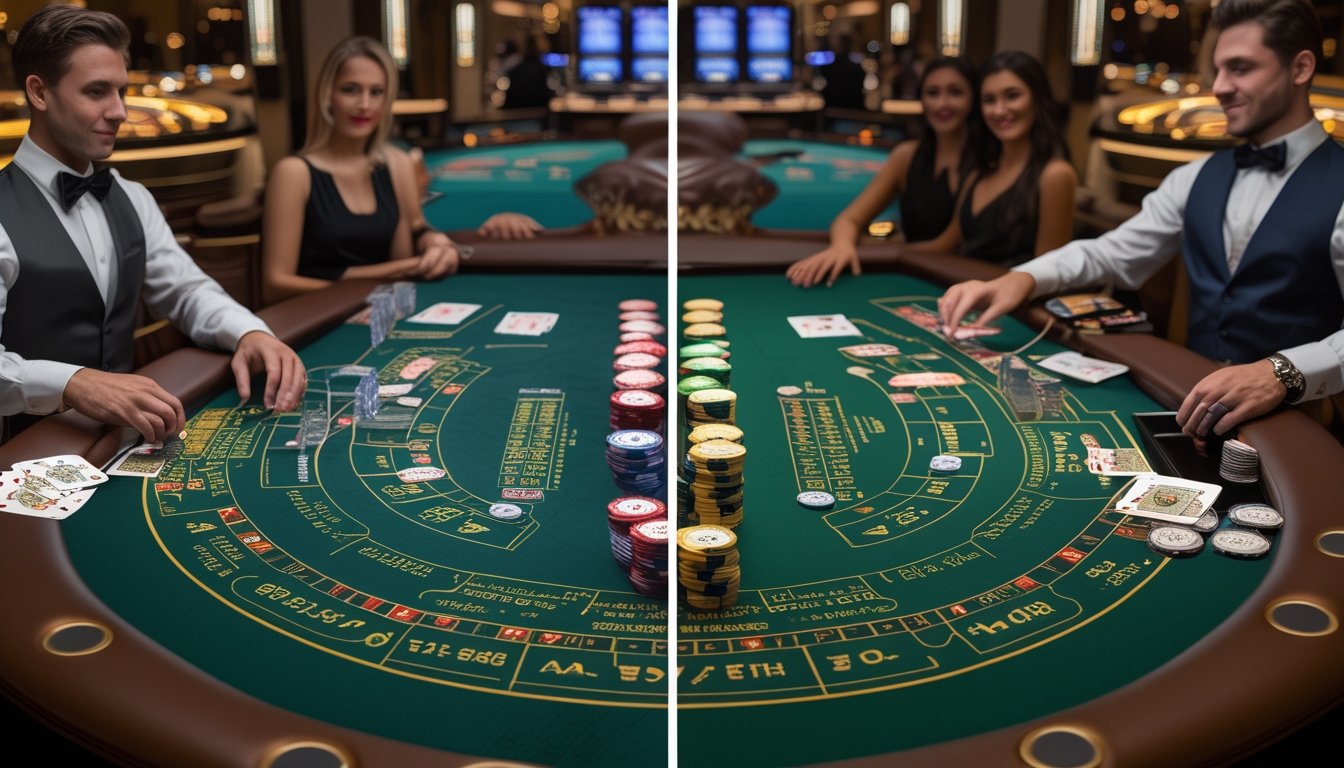 Meja blackjack di kasino yang terbagi menjadi dua bagian, satu untuk Atlantic City Blackjack dengan pemain dan dealer, dan satu untuk Blackjack Klasik dengan suasana yang lebih tradisional.