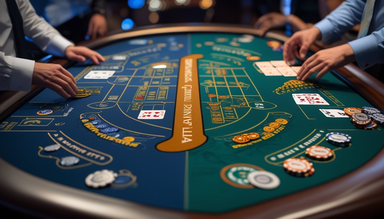 Meja kasino dengan dua permainan blackjack berbeda yang sedang dimainkan, satu dengan gaya Atlantic City dan satu dengan gaya klasik.