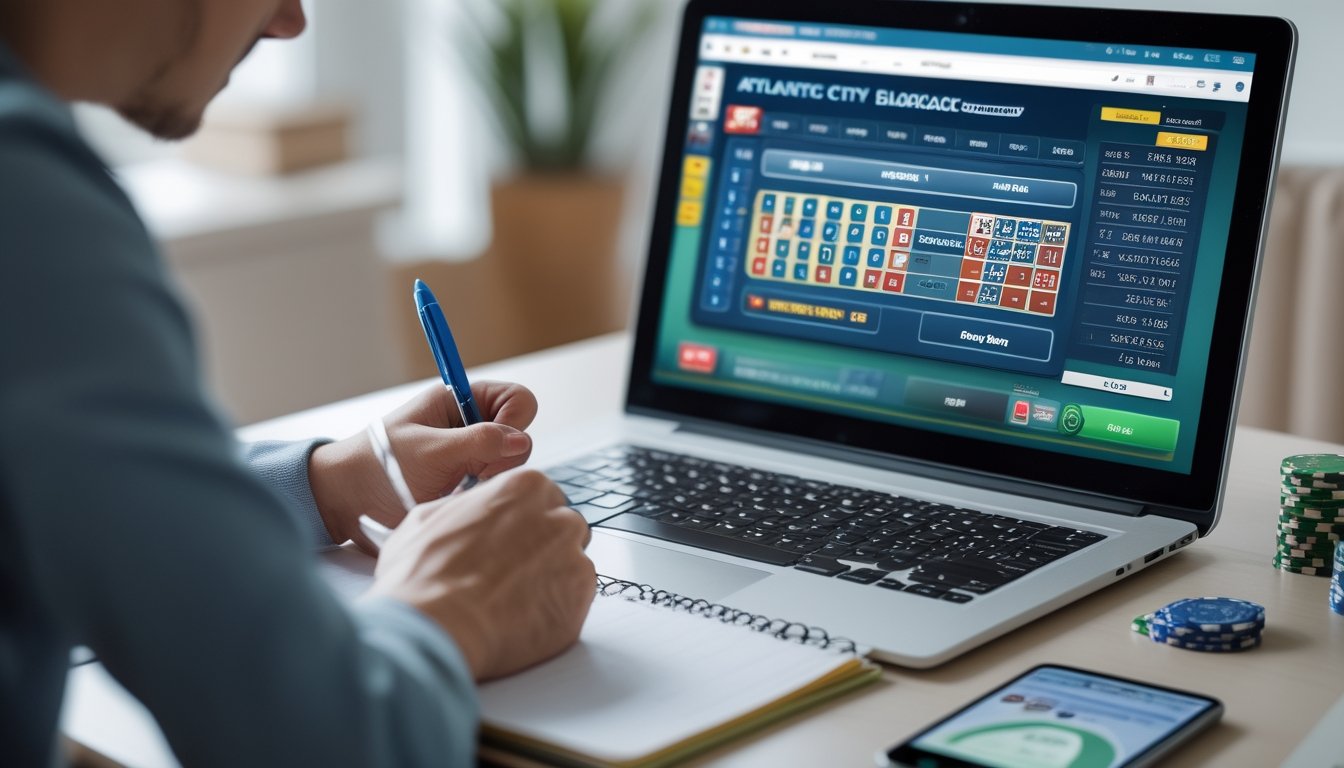 Seseorang duduk di meja dengan laptop yang menampilkan permainan blackjack online, sambil mencatat strategi taruhan dan mengelola modal.