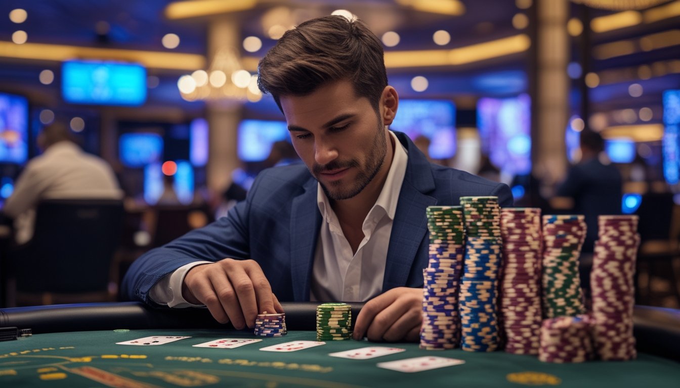 Seorang pemain sedang mengatur chip taruhan di meja blackjack di kasino Atlantic City.