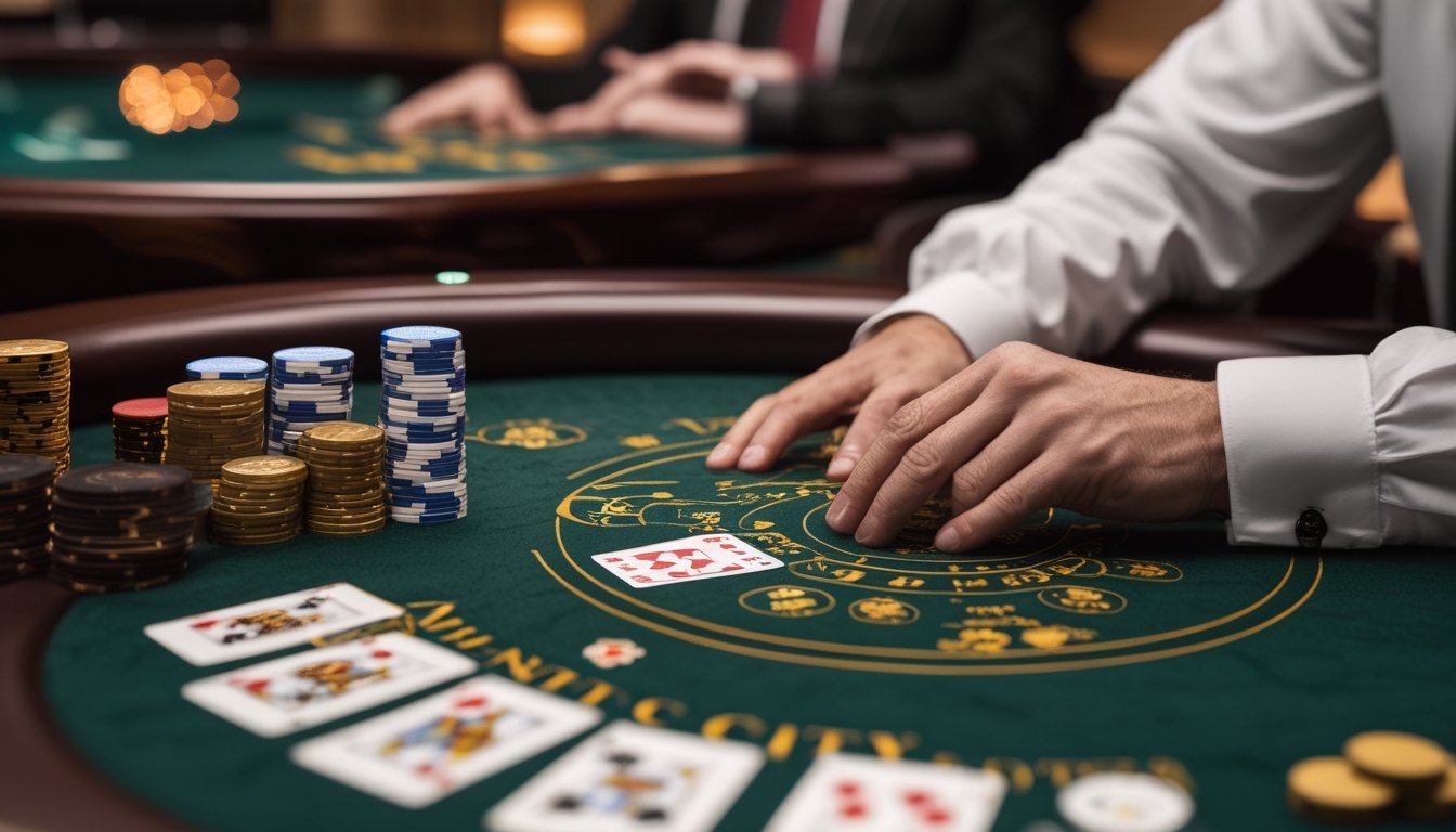Meja blackjack di kasino dengan kartu dan tumpukan chip, dealer sedang membagikan kartu, suasana fokus dan profesional.