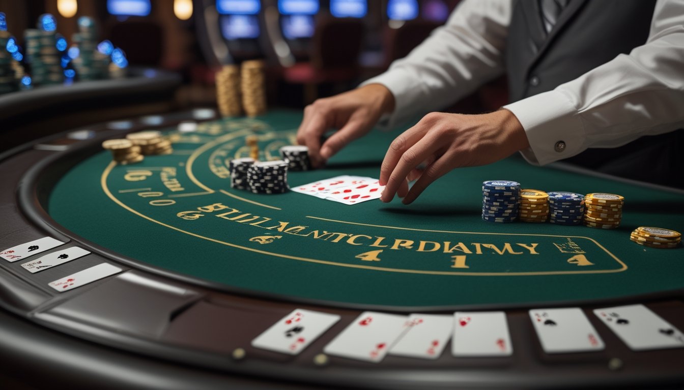 Meja blackjack di kasino dengan kartu dan tumpukan chip, dealer sedang membagikan kartu kepada pemain.