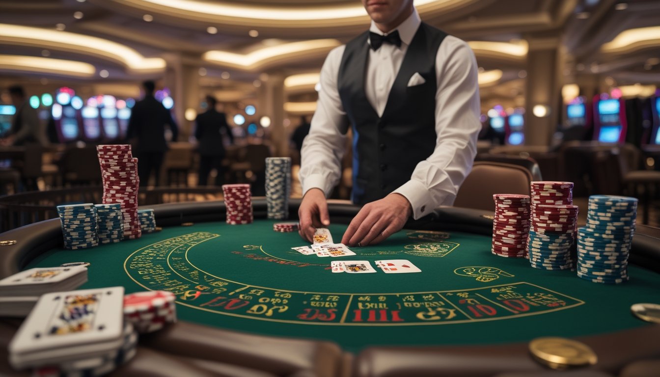Meja blackjack dengan kartu dan chip taruhan di kasino yang mewah, dengan dealer dan beberapa pemain di sekitarnya.