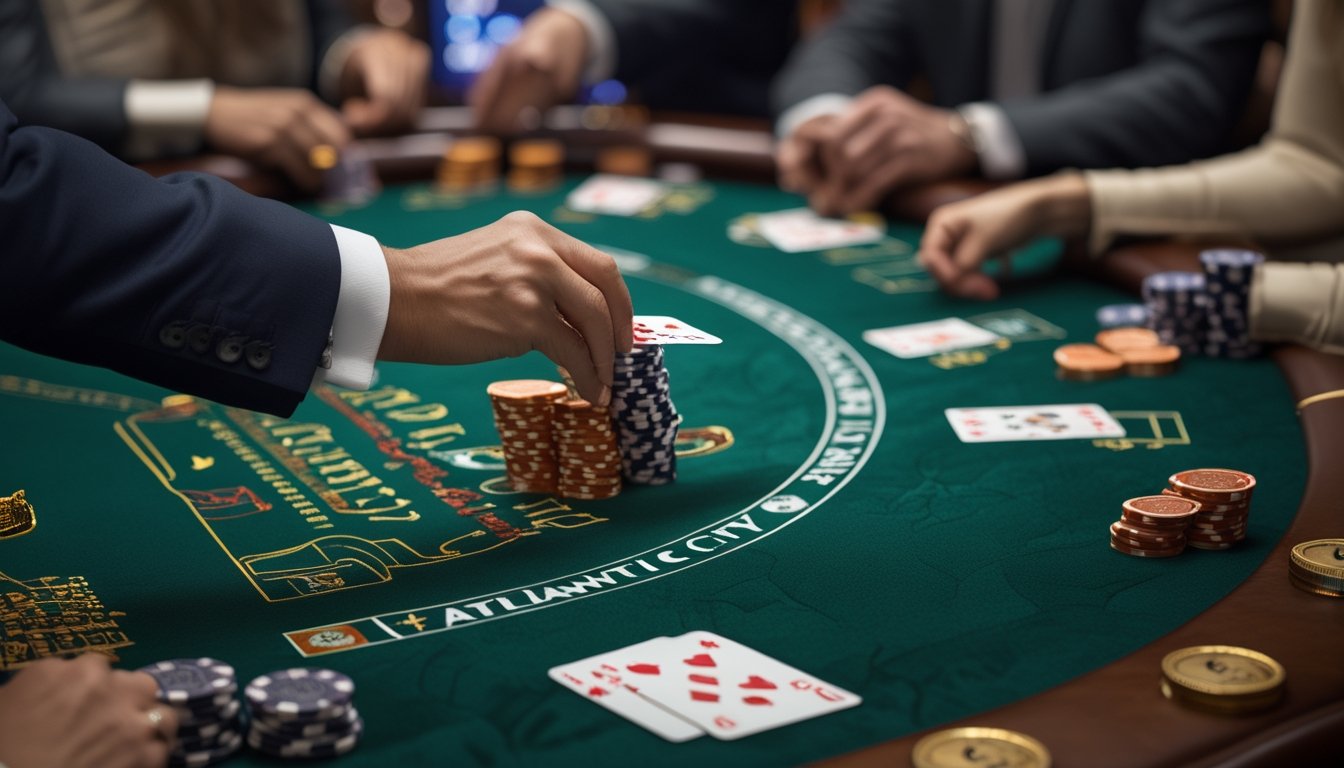 Tangan dealer sedang membagikan kartu pada meja blackjack dengan chip dan kartu bermain di kasino.