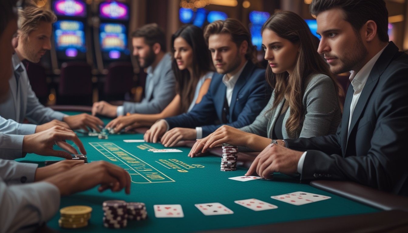 Meja blackjack di kasino dengan pemain yang fokus bermain kartu dan tumpukan chip di meja.
