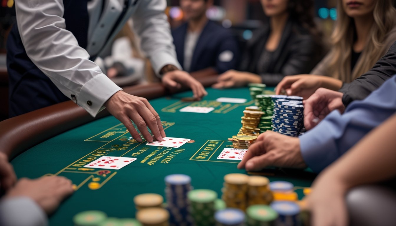Meja blackjack dengan dealer dan pemain yang sedang bermain di kasino, fokus pada kartu dan chip taruhan.