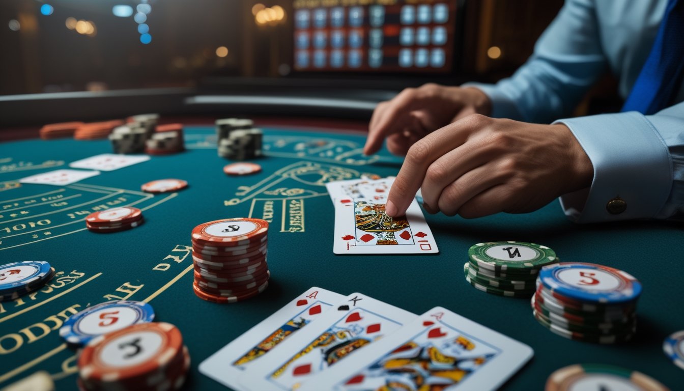 Meja blackjack di kasino dengan kartu, chip taruhan, dan tangan dealer yang sedang mengatur permainan.